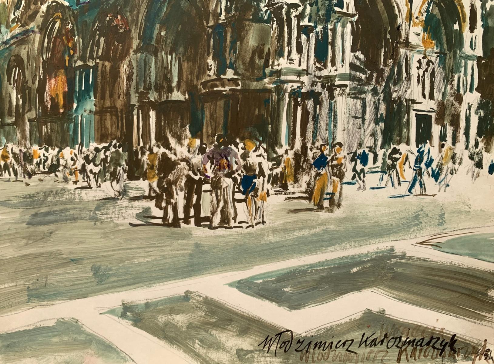Venezia. Acrilico su carta, Architettura, Italia, Paesaggio urbano, Classico, Artista polacco - Figurative Art Grigio di Włodzimierz Karczmarzyk