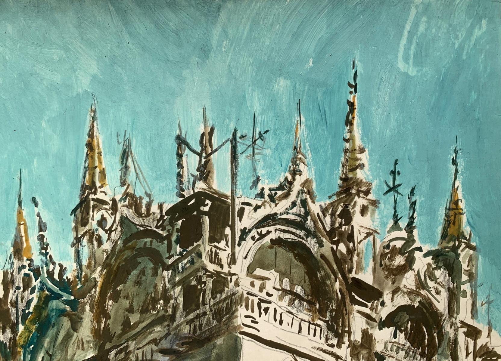 Venezia. Acrilico su carta, Architettura, Italia, Paesaggio urbano, Classico, Artista polacco in vendita 1