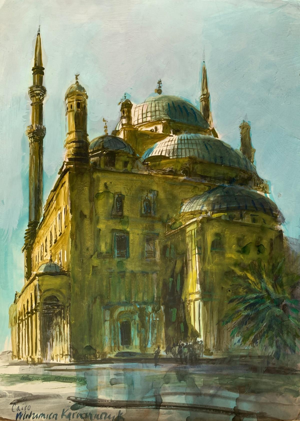Moschee in Kairo. Acryl auf Papier, Architektur, Ägypten, Klassisch, Polnischer Künstler