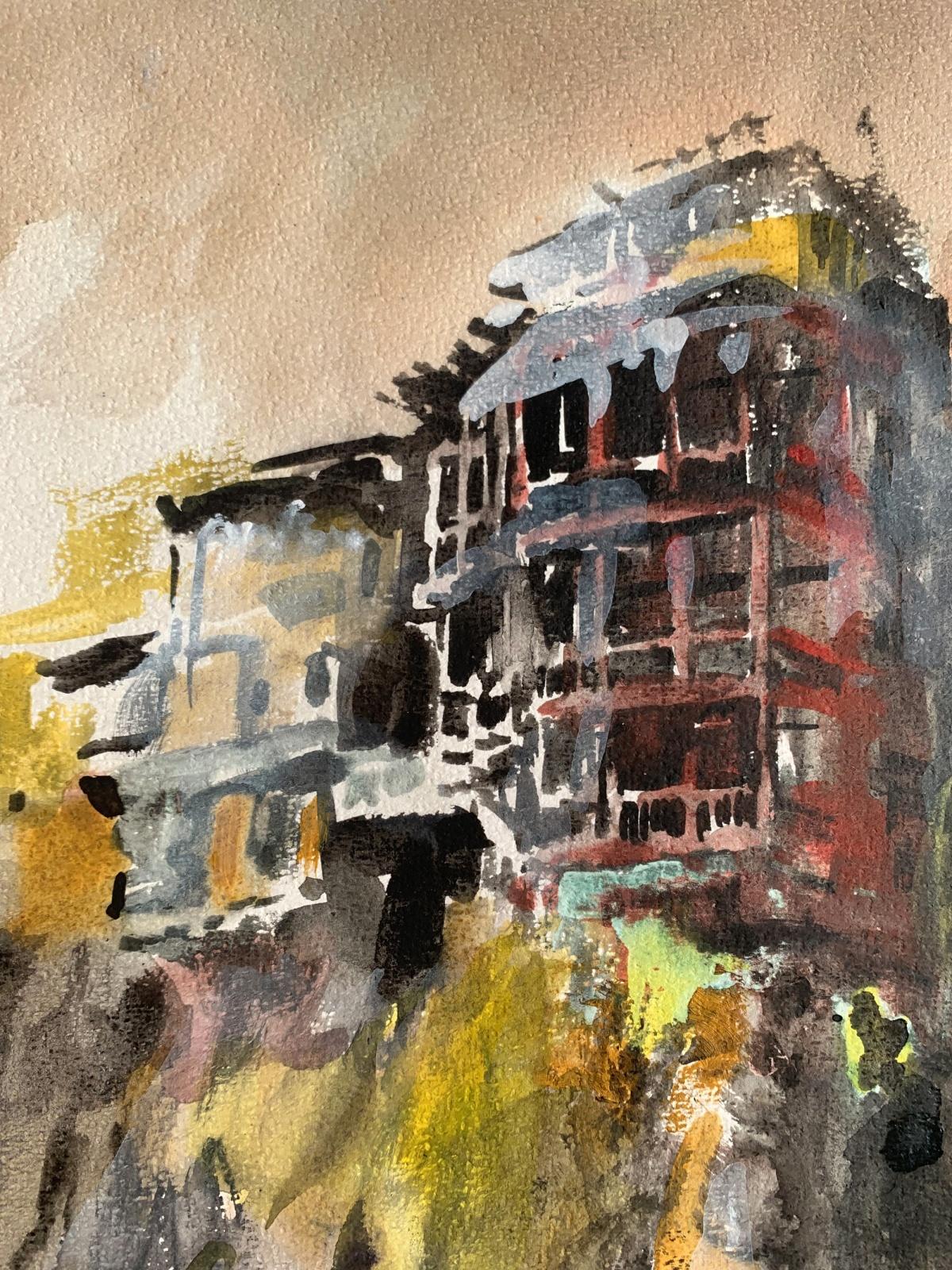 Cuenca, Espagne, tentures de tentes. Aquarelle sur papier, Classic, artiste polonais - Marron Figurative Art par Włodzimierz Karczmarzyk