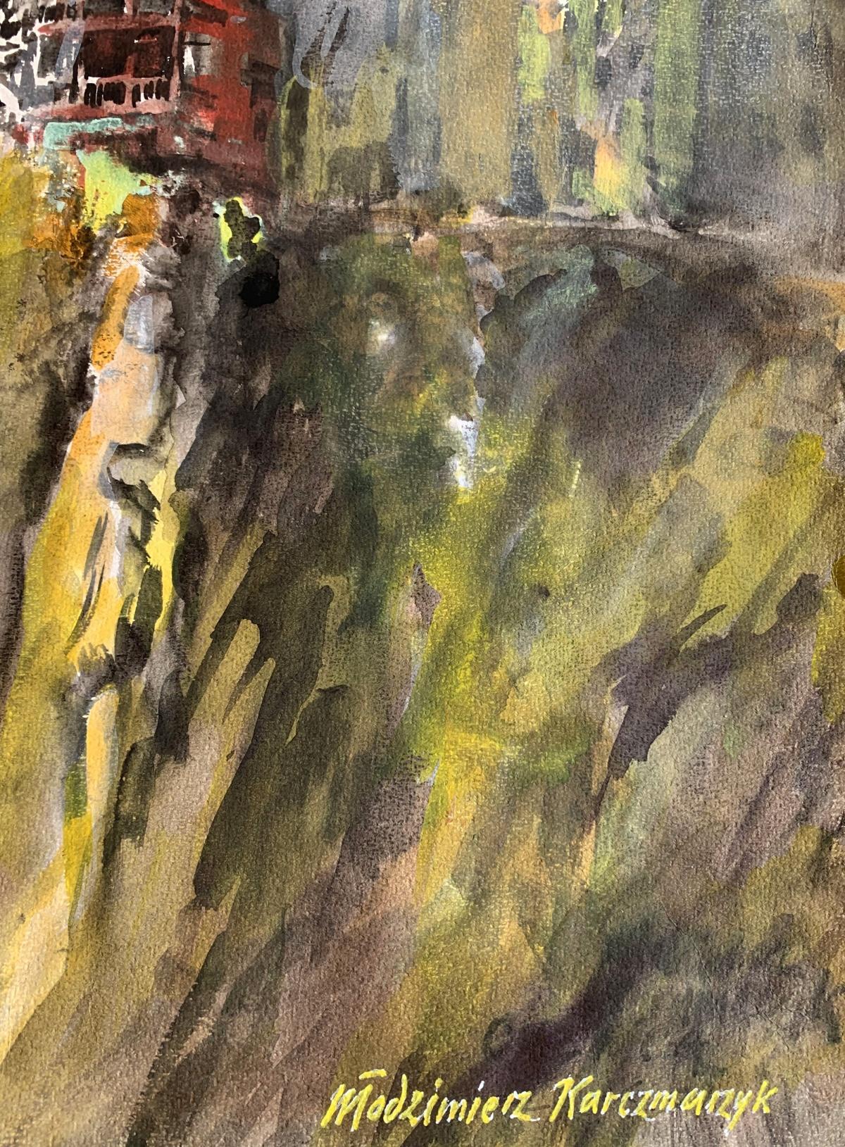 Peinture contemporaine à l'aquarelle et à l'acrylique sur papier de l'artiste polonais Wlodzimierz Karczmarzyk. L'œuvre d'art représente l'architecture espagnole d'une tente suspendue à Cuenca. Le style de l'œuvre est à la fois esquissé et