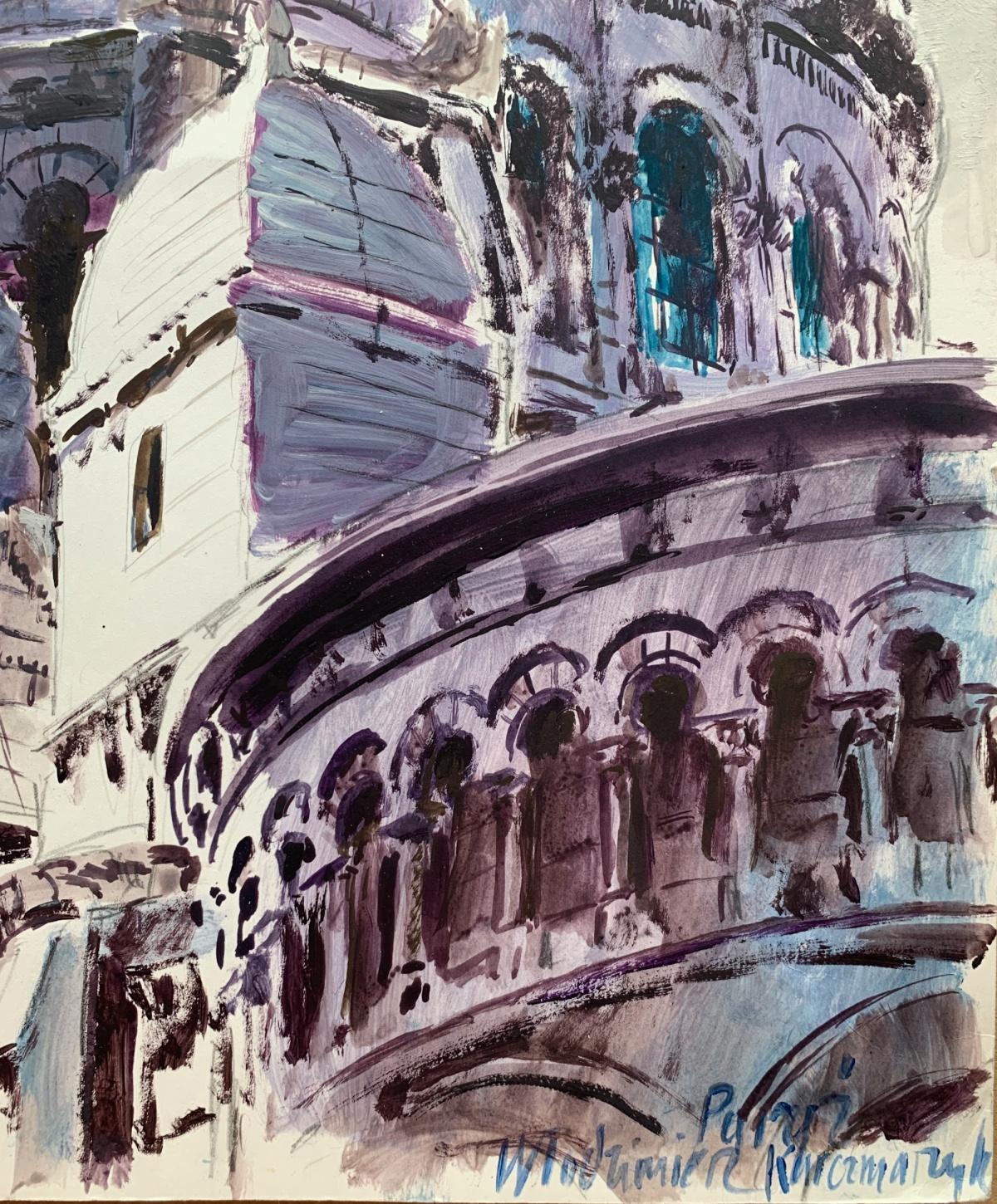 Sacre Coeur, France Acrylique sur papier, Classic, artiste polonais - Gris Figurative Art par Włodzimierz Karczmarzyk