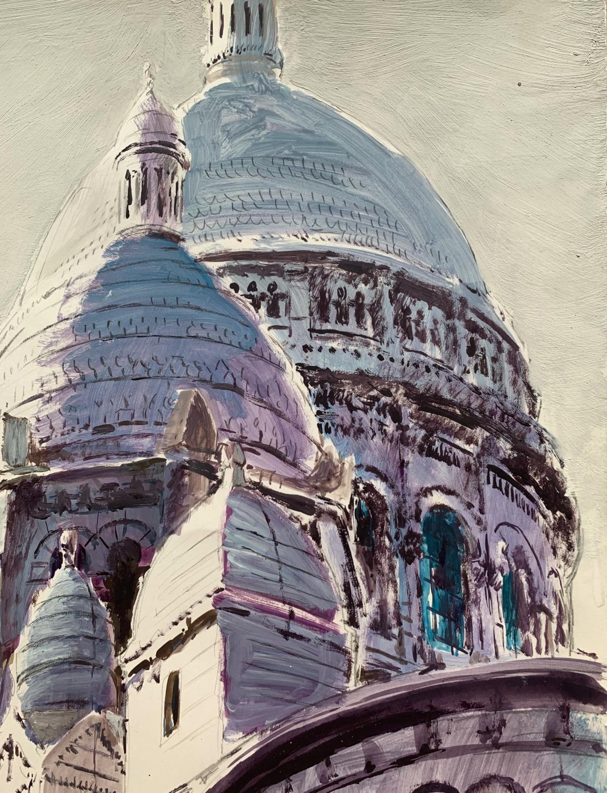 Peinture acrylique contemporaine sur papier de l'artiste polonais Wlodzimierz Karczmarzyk. L'œuvre d'art représente l'architecture du Sacré-Cœur à Paris, en France. Le style de l'œuvre d'art est à la fois esquissé et réaliste.

WŁODZIMIERZ