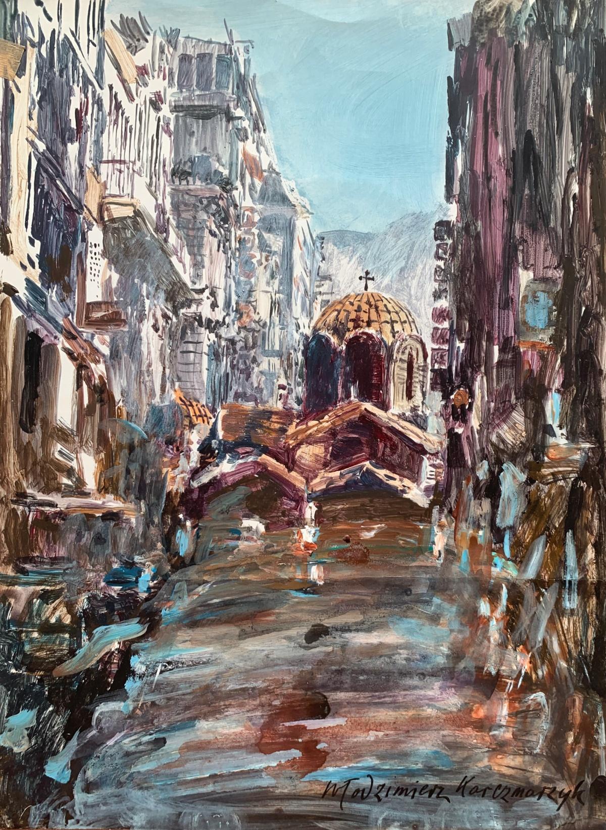 Włodzimierz Karczmarzyk Landscape Art - Thessaloniki, Greece. Acrylic on paper, Architecture, Classic, Polish artist