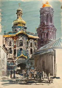 Kiev, Lavra. Acrílico sobre papel, Arquitectura, Clásico, Artista polaco