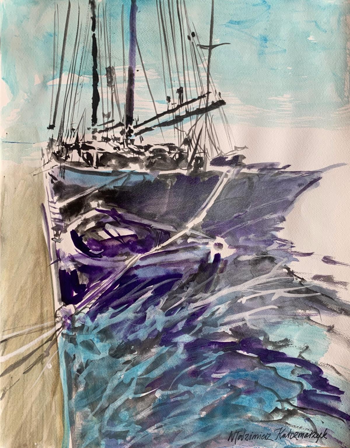 Tandem. Aquarelle sur papier, Réaliste, Paysage, Marin, Classique, Art polonais - Gris Landscape Art par Włodzimierz Karczmarzyk