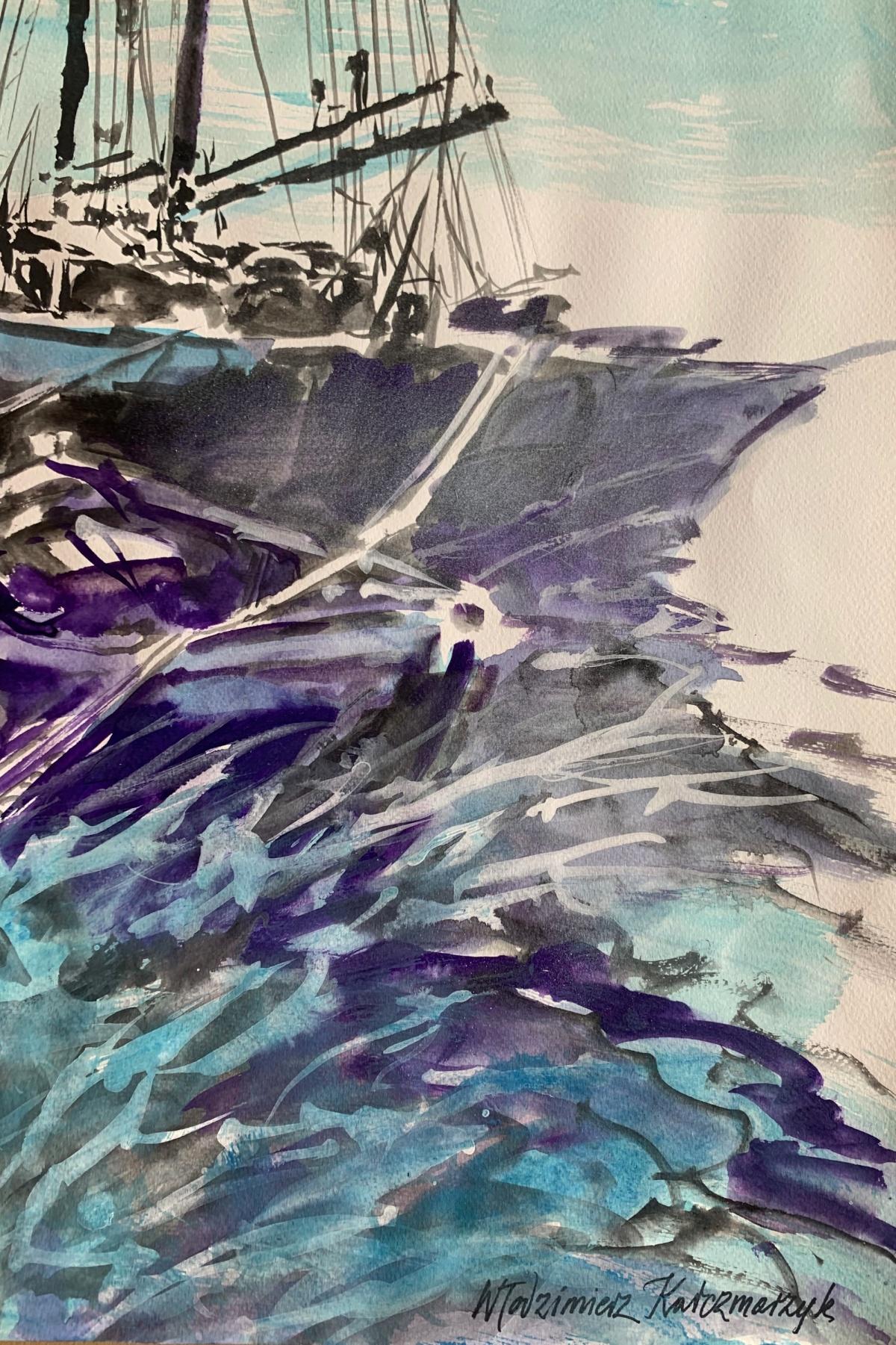 Tandem. Aquarelle sur papier, Réaliste, Paysage, Marin, Classique, Art polonais en vente 2