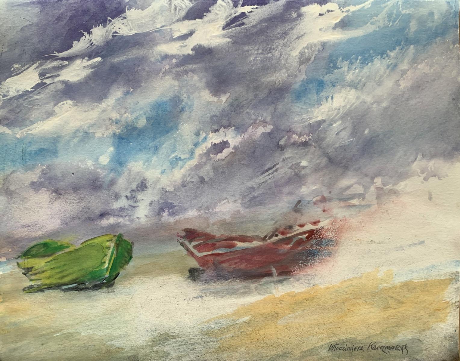 Landscape Art Włodzimierz Karczmarzyk - Boîtes sur la plage. Aquarelle sur papier, Réaliste, Marin, Classic, Polish art