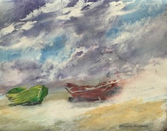 Boîtes sur la plage. Aquarelle sur papier, Réaliste, Marin, Classic, Polish art