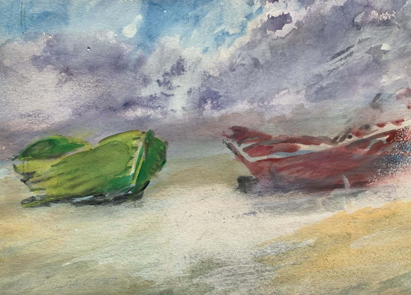 Boîtes sur la plage. Aquarelle sur papier, Réaliste, Marin, Classic, Polish art - Art de Włodzimierz Karczmarzyk
