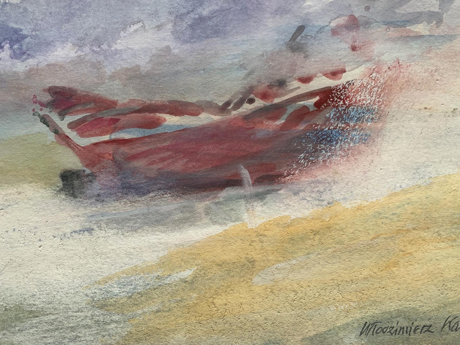 Boîtes sur la plage. Aquarelle sur papier, Réaliste, Marin, Classic, Polish art - Gris Landscape Art par Włodzimierz Karczmarzyk