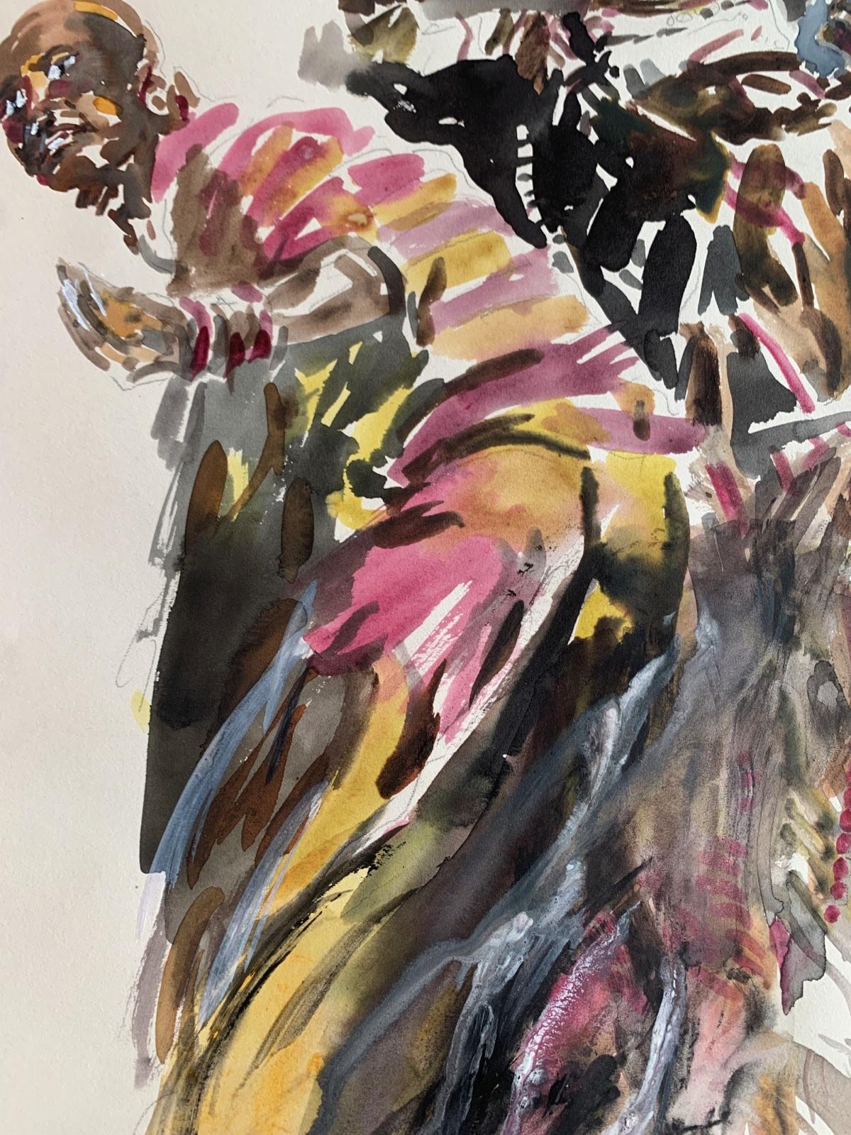 Sharjah, baile Masai. Acuarela sobre papel, Figurativo, Clásico, Artista polaco - Figurative Art Beige de Włodzimierz Karczmarzyk