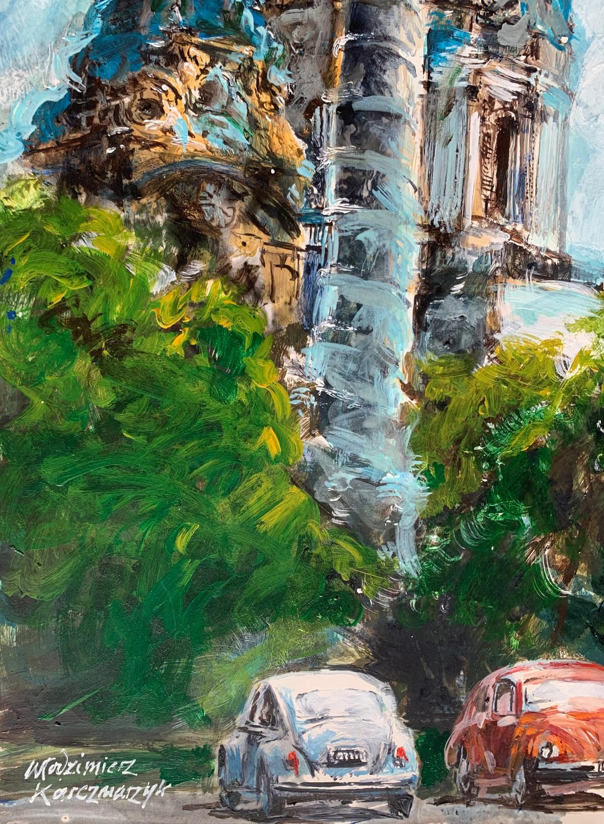 Church's in Wien. Acryl auf Papier, Architektur, Classic, Polnischer Künstler – Art von Włodzimierz Karczmarzyk