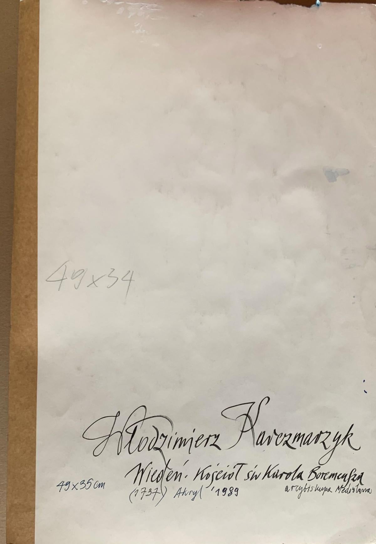 Zeitgenössische Acrylmalerei auf Papier des polnischen Künstlers Wlodzimierz Karczmarzyk. Das Kunstwerk zeigt die Architektur der Karl Borromäus Kirche in Wien, Österreich. Polen. Der Stil des Werks ist skizzenhaft und gleichzeitig