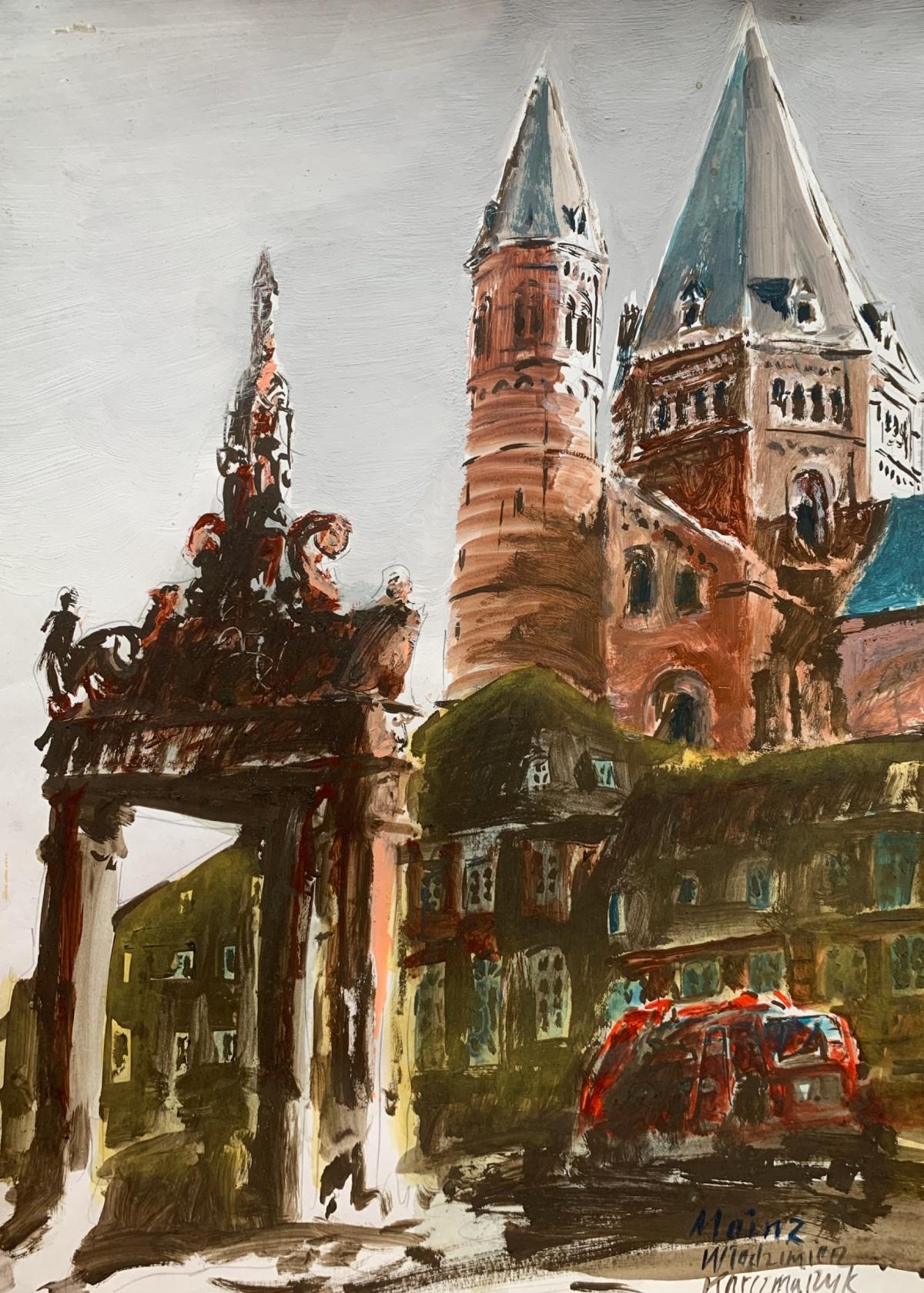 Mainz, Protestante Kirche. Acryl auf Papier, Architektur, Classic, Polnischer Künstler
