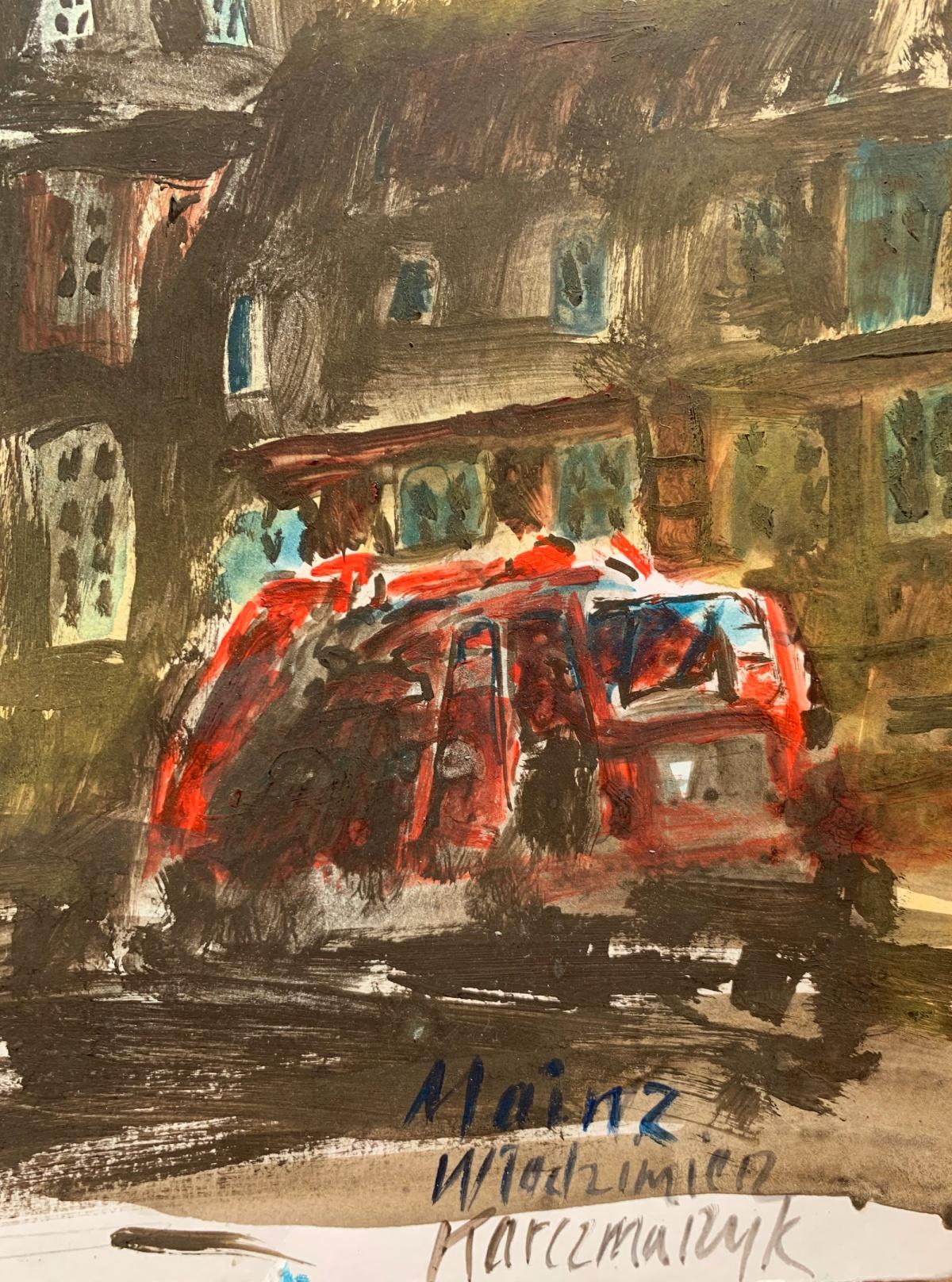 Mainz, église Protestante. Acrylique sur papier, Architecture, Classic, Polish artist - Marron Figurative Art par Włodzimierz Karczmarzyk