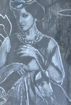 Marusza y caballo. Dibujo en técnica mixta, Blanco y negro, Artista polaco