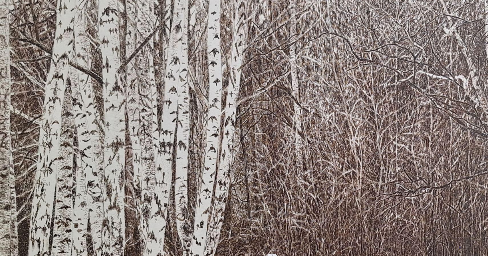 Bosque Kabacki. Grabado figurativo, Paisaje, Realista, Artista polaco - Landscape Art Gris de Elżbieta Siegoczyńska