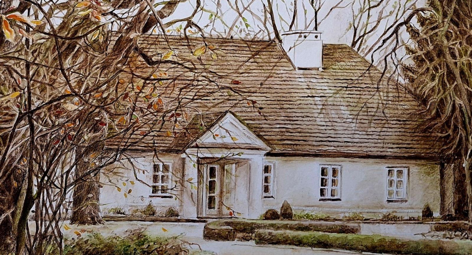 Żelazowa Wola. Dessin figuratif, Architecture, Réaliste, Artiste polonais - Gris Landscape Art par Elżbieta Siegoczyńska