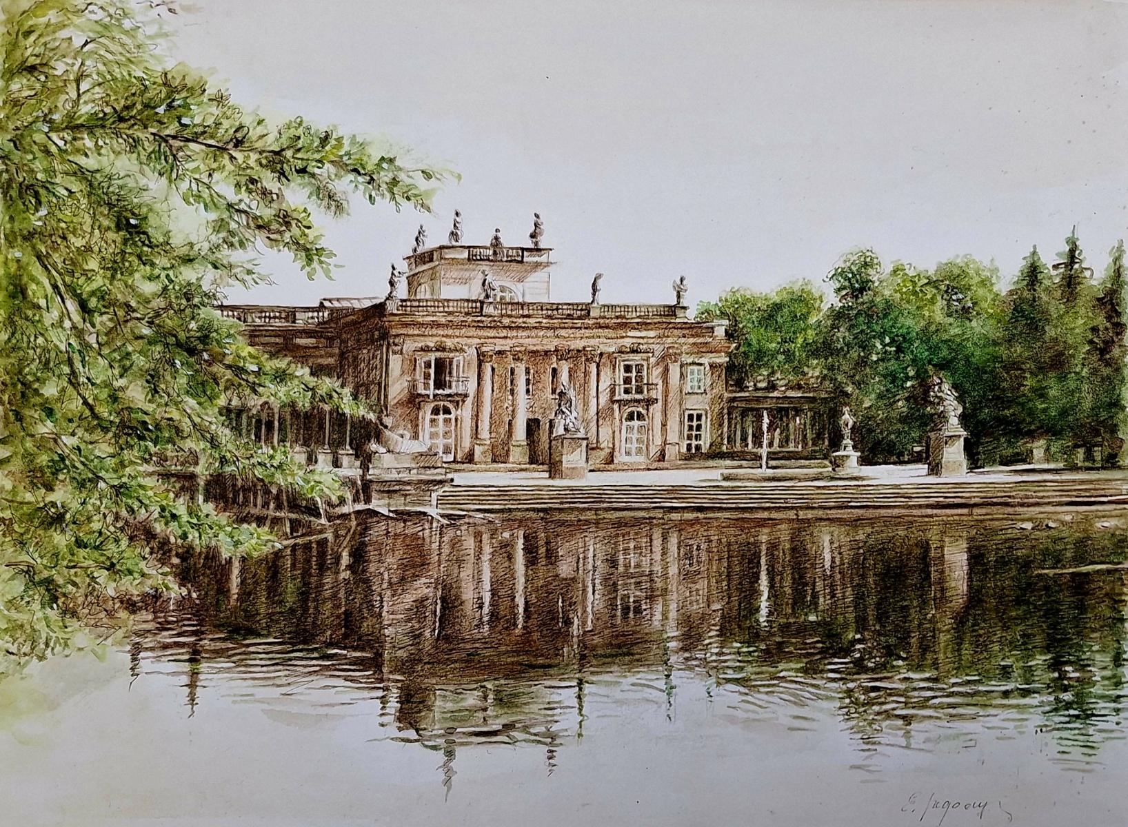 Elżbieta Siegoczyńska Landscape Art - Royal Baths Park-Palace on the Isle. Architecture drawing, Realistic, Polish art