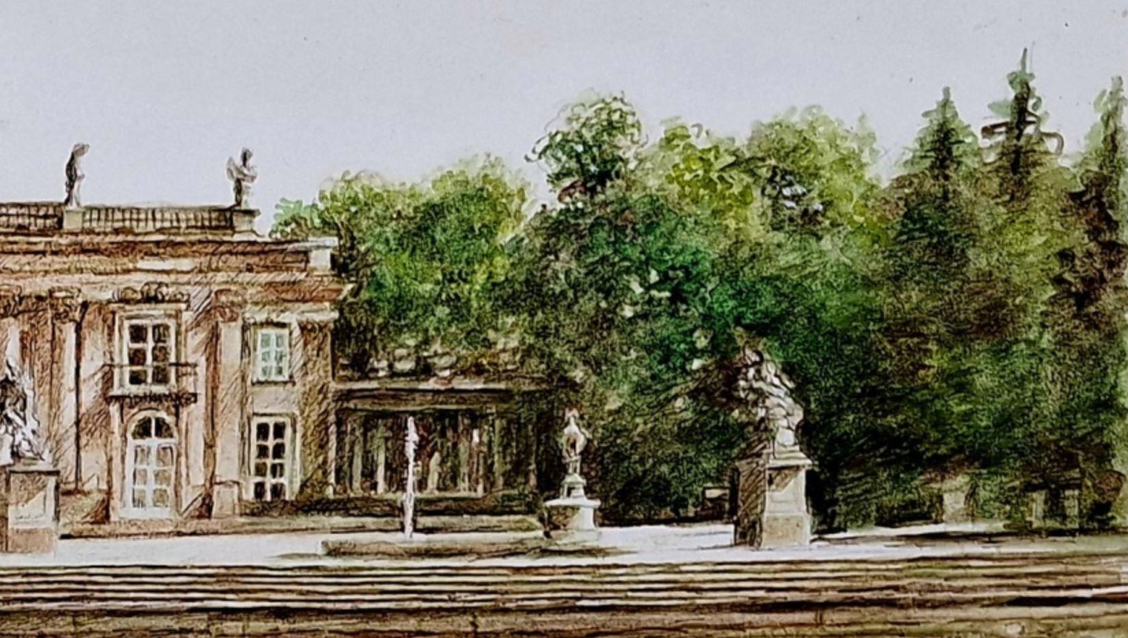 Royal Baths Park-Palace on the Isle. Architecture drawing, Realistic, Polish art - Gray Landscape Art by Elżbieta Siegoczyńska