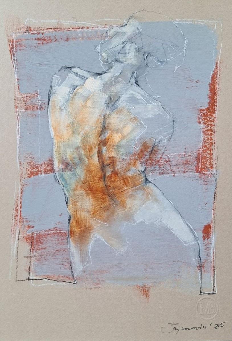 Original Nude Female Figure Drawing - Mixed Media Paper Artwork by Polish Artist