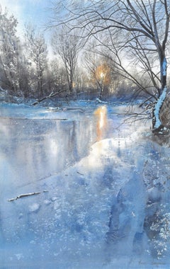Winter Landscape with Vistula River – Large Watercolor by Michał Suffczynski