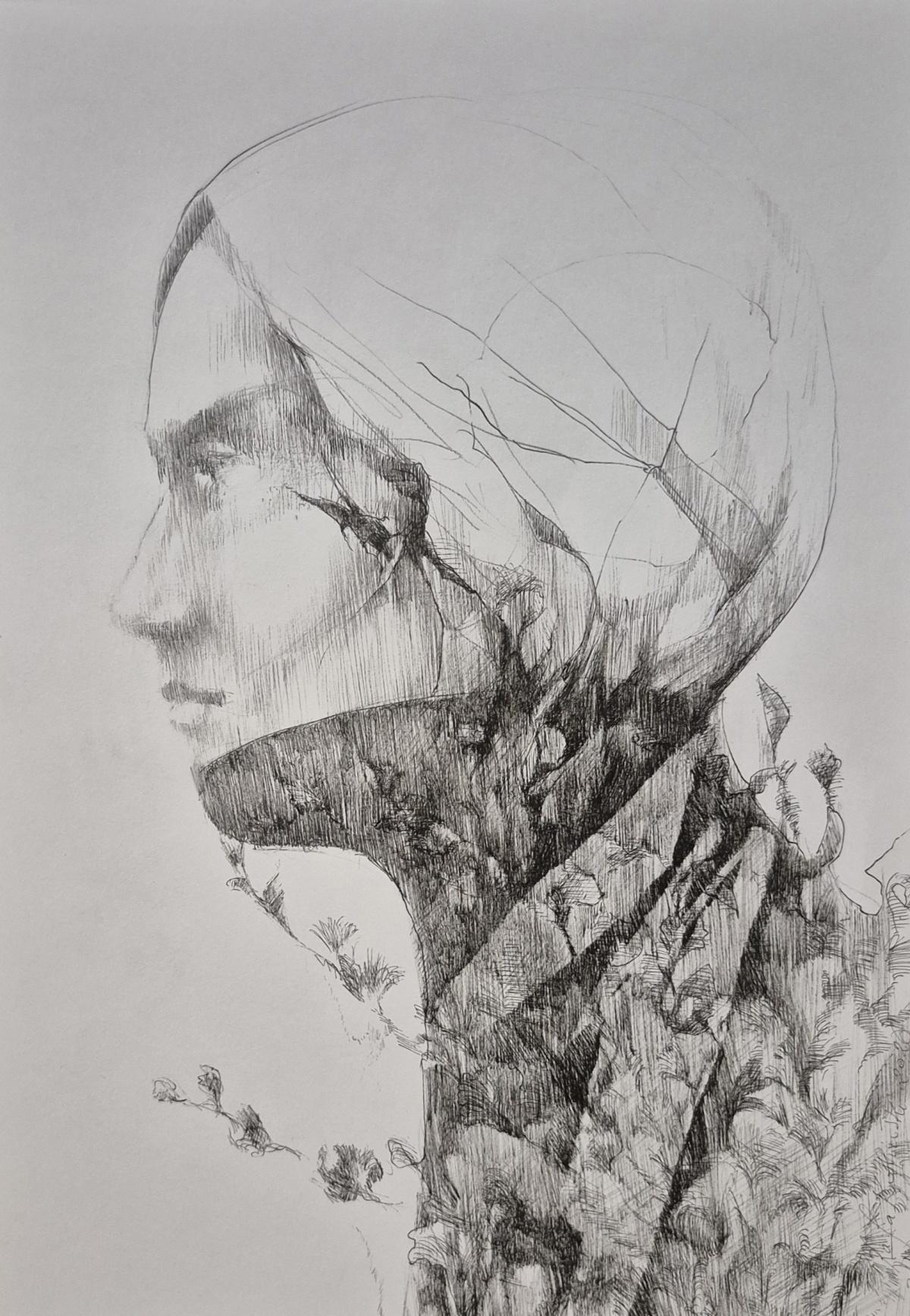 Volti - Ritratto contemporaneo: Disegno originale a inchiostro su carta di Rafał Kolinski