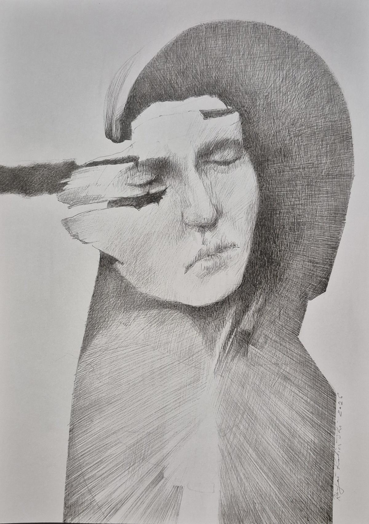 Faces - Contemporary Portrait: Original Ink Drawing on Paper by Rafał Kolinski