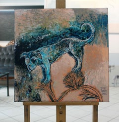 A Dog - Contemporary Figurative Animal Acrylic Painting, Blue & Orange