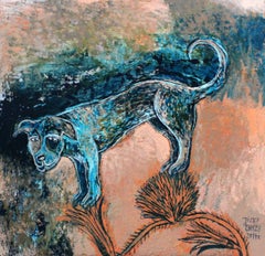 A Dog - Contemporary Figurative Animal Acrylic Painting, Blue & Orange