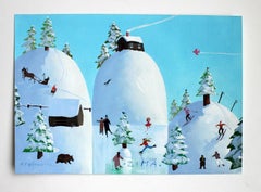 Winter - XXI century, Gouache on paper, Town scene, Bright blue, Figurative