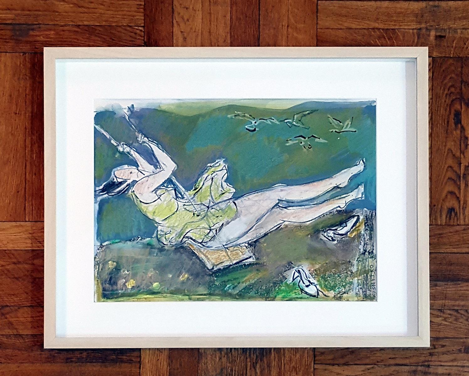 On a swing - XXI century, Figurative drawing, Gouache, Mixed media 3