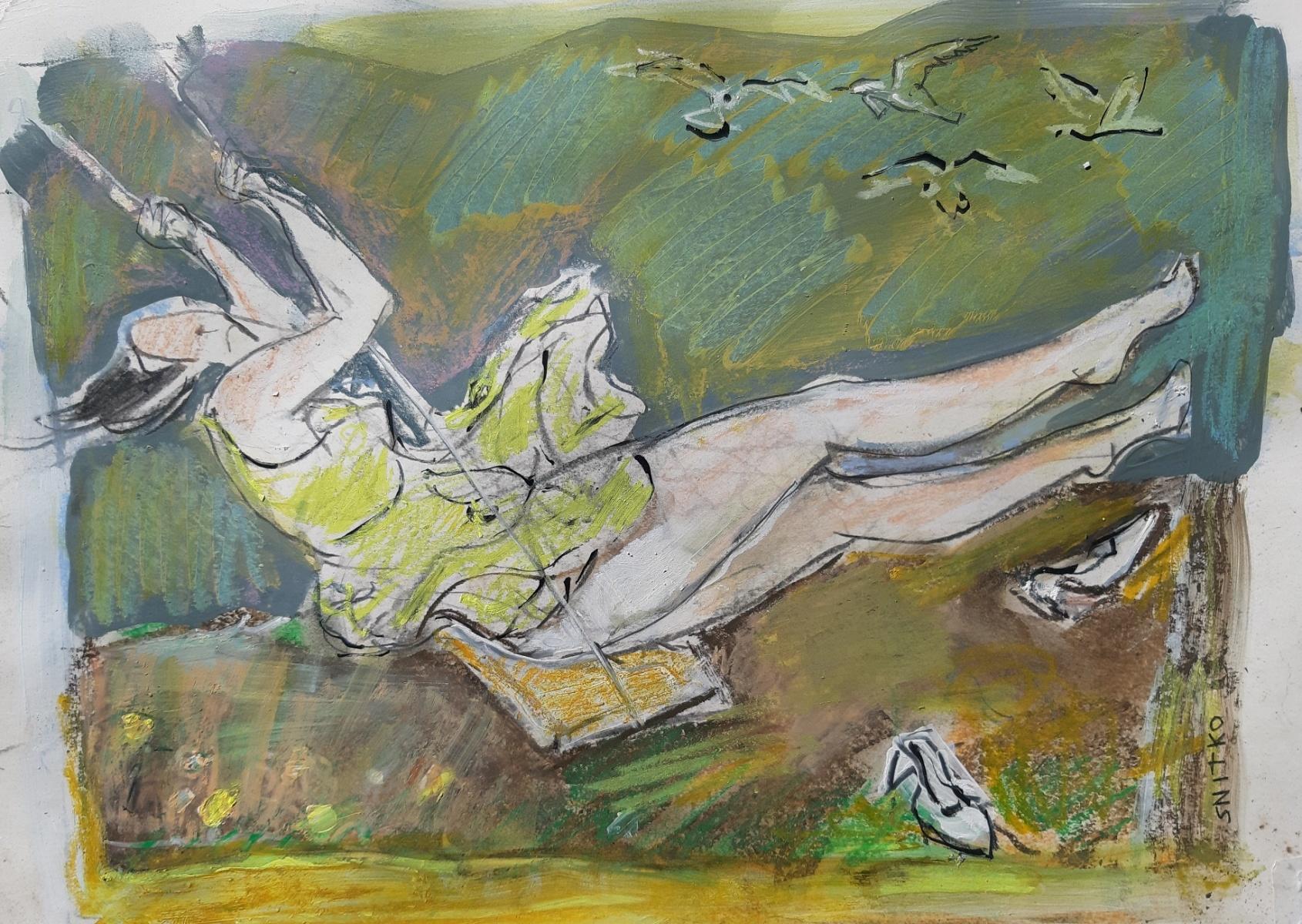 Lidia Snitko-Pleszko Nude – On a swing - XXI century, Figurative drawing, Gouache, Mixed media