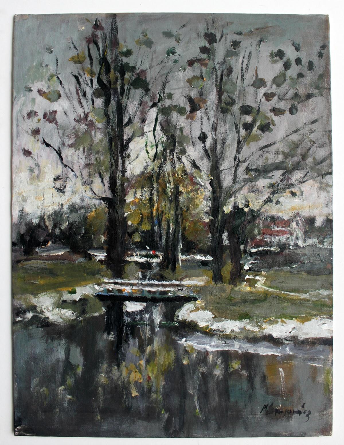 Early spring landscape - Oil Painting, Figurative, Post-Impressionist, Grey  - Gray Landscape Painting by Magdalena Spasowicz