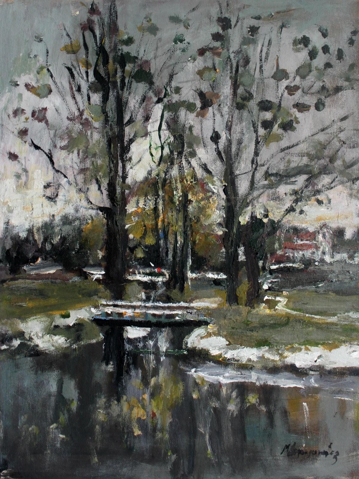 Magdalena Spasowicz Landscape Painting - Early spring landscape - Oil Painting, Figurative, Post-Impressionist, Grey 