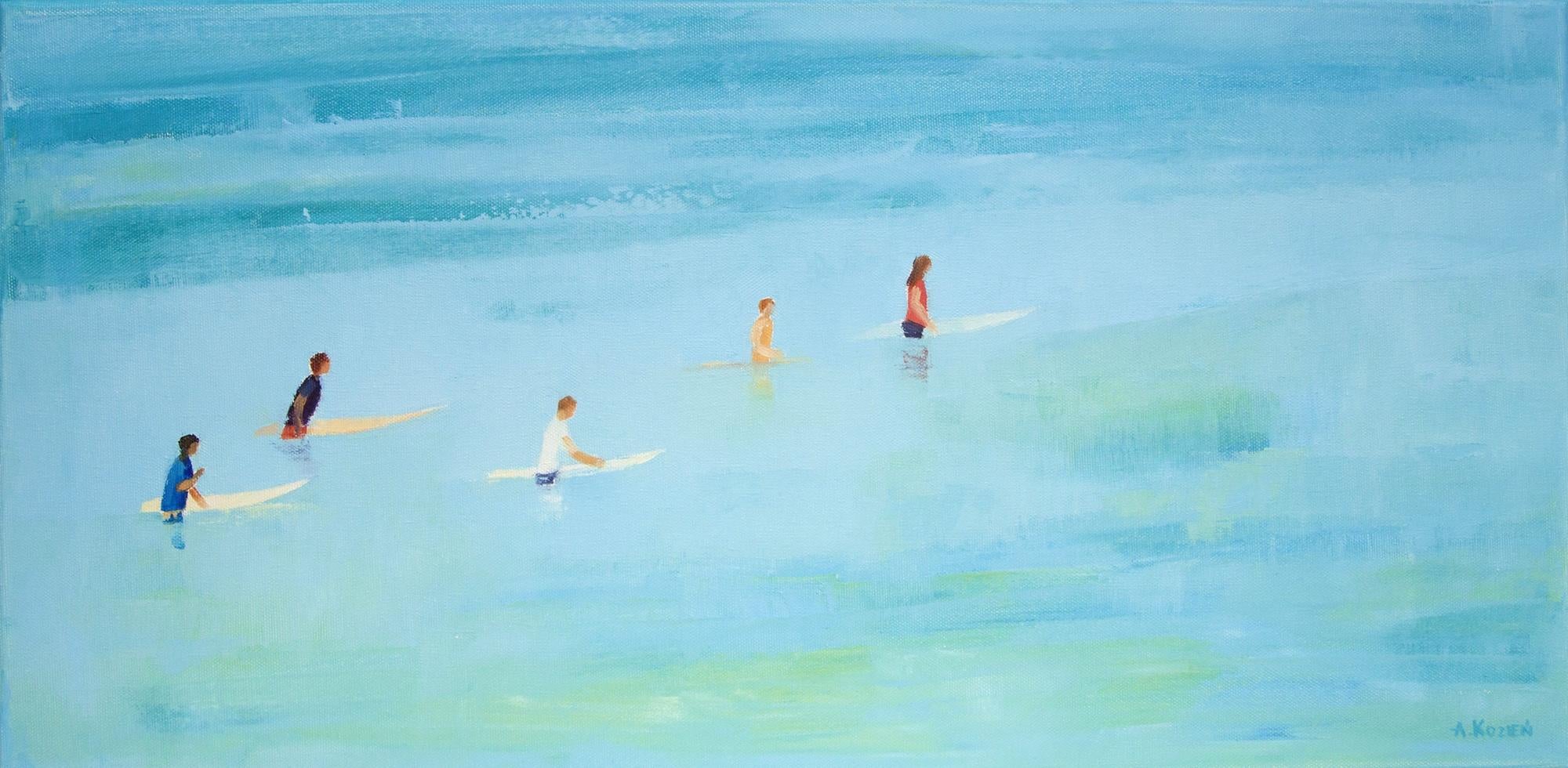 Agnieszka Kozień Figurative Painting - Surfers 20-  XXI century, Oil on canvas, Figurative painting, Ocean, Blue