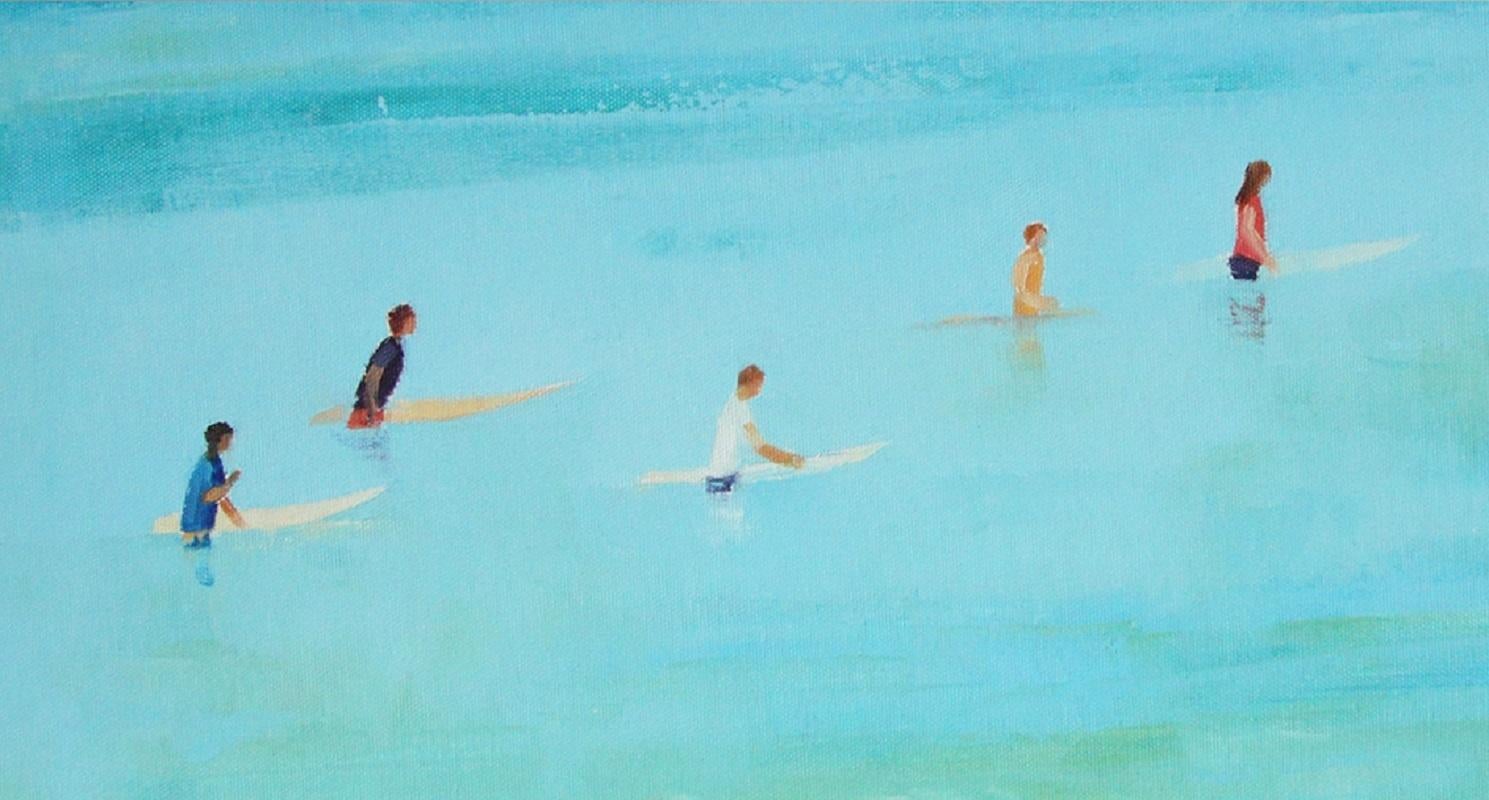Surfers 20-  XXI century, Oil on canvas, Figurative painting, Ocean, Blue - Painting by Agnieszka Kozień