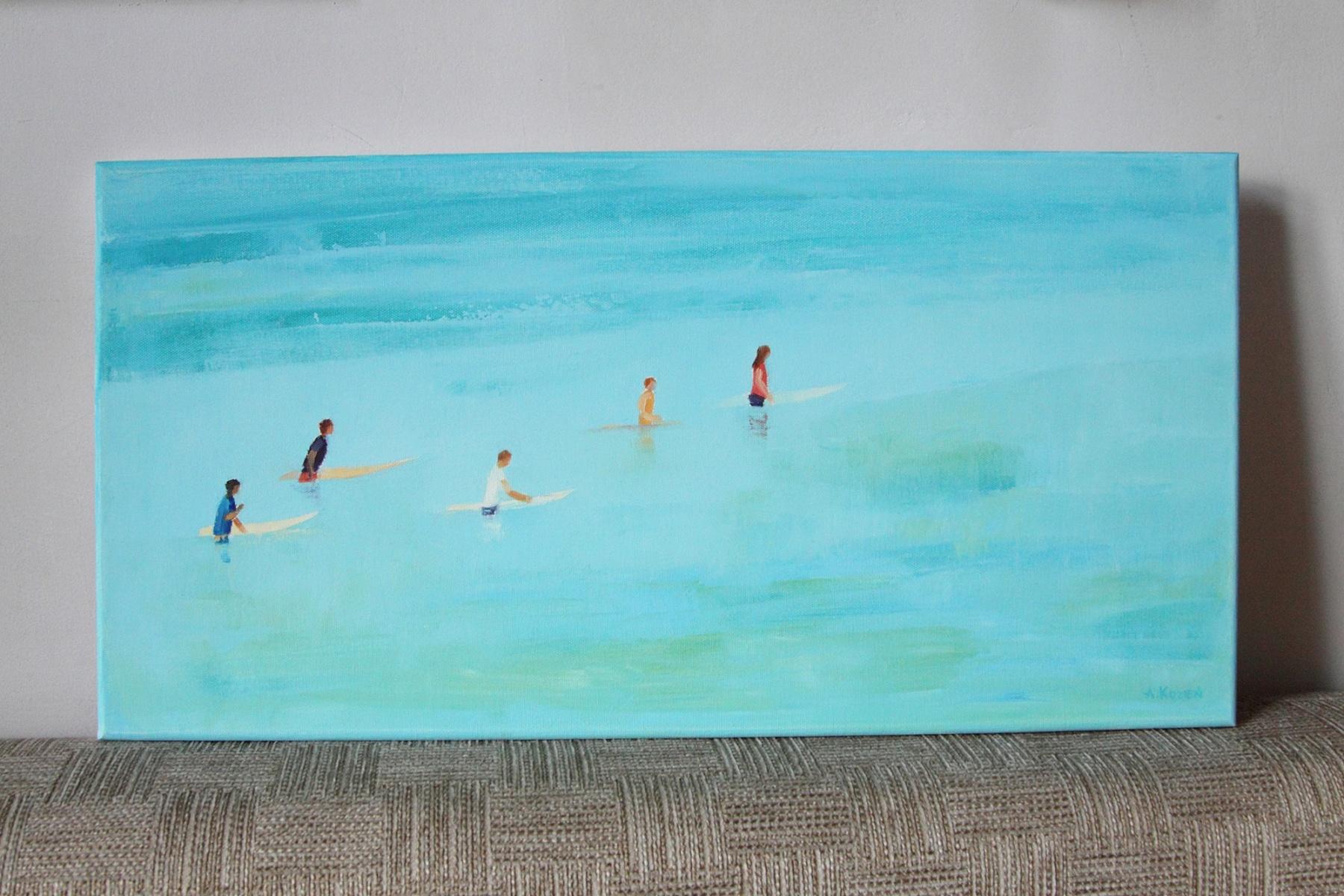 Surfers 20-  XXI century, Oil on canvas, Figurative painting, Ocean, Blue - Other Art Style Painting by Agnieszka Kozień