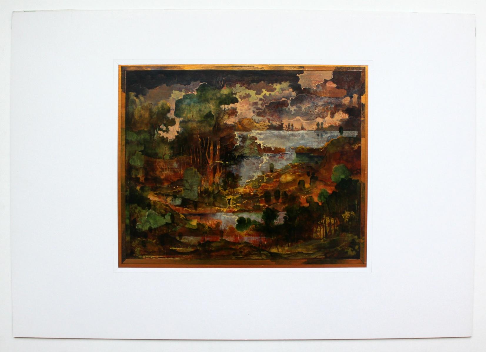 Nocturn - XXI Jahrhundert, Mischtechnik-Landschaftsdruck, gedämpfte Farben, warme Töne (Braun), Landscape Print, von Krzysztof Wieczorek