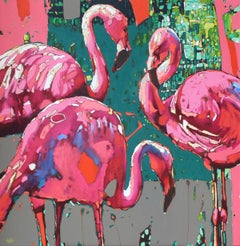Flamingos 11 - XXI Century Contemporary Figurative Oil Painting Animals Pop Art