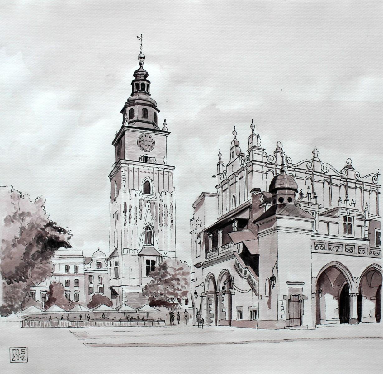 Mariusz Szałajdewicz Landscape Art - Cracow, the Cloth Hall - Contemporary Watercolor & Ink Landscape Painting