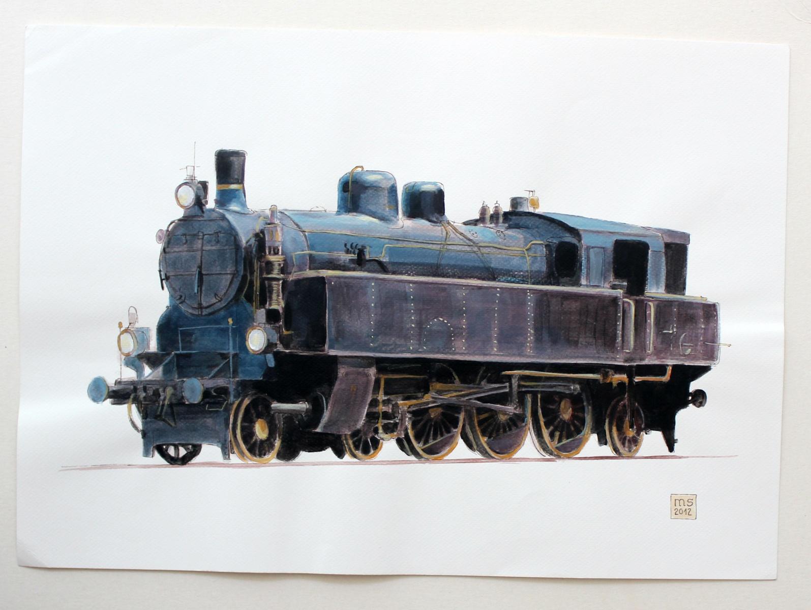 A locomotive - XXI Century, Contemporary Watercolor & Ink Painting, Realistic 2