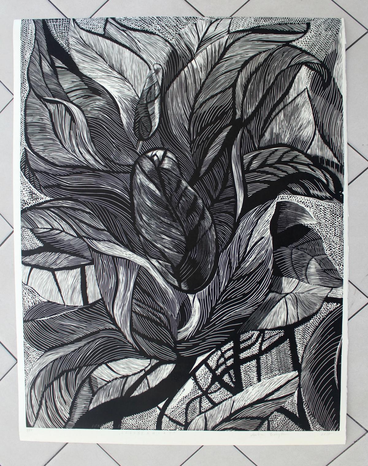 Black flower - XXI Century, Contemporary Floral Linocut, Black and White - Print by Marta Bozyk