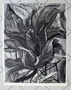 Black flower - XXI Century, Contemporary Floral Linocut, Black and White
