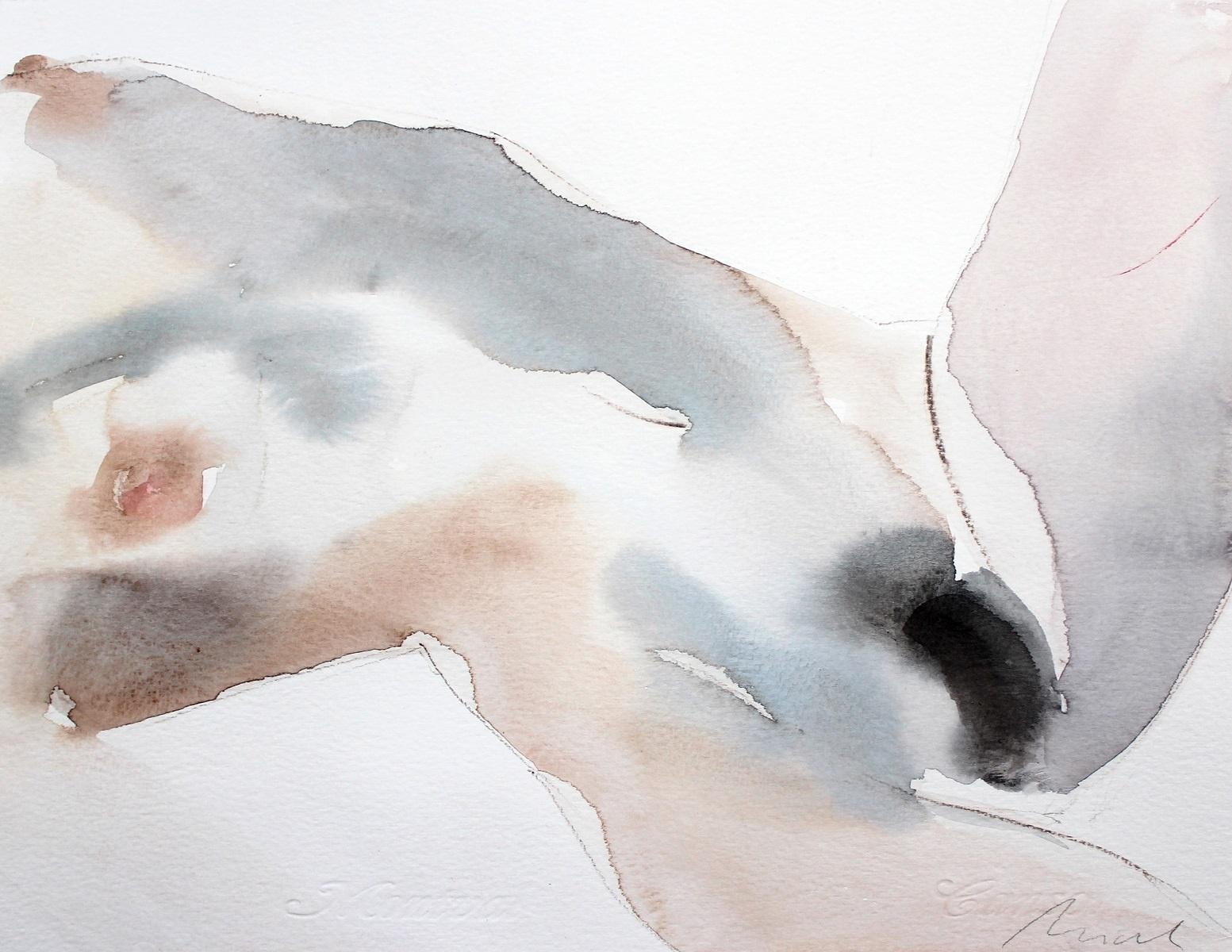 Ana - XXI Century, Watercolor Figurative Painting, Female Nude, Horizontal - Art by Maria Iciak