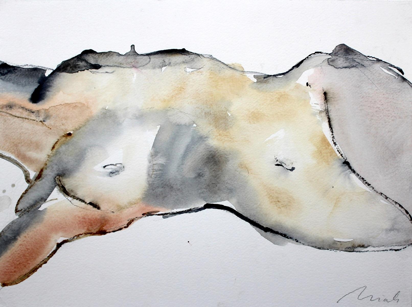 Julietta - XXI Jahrhundert, Aquarell-Figuratives Gemälde, weiblicher Akt, horizontal