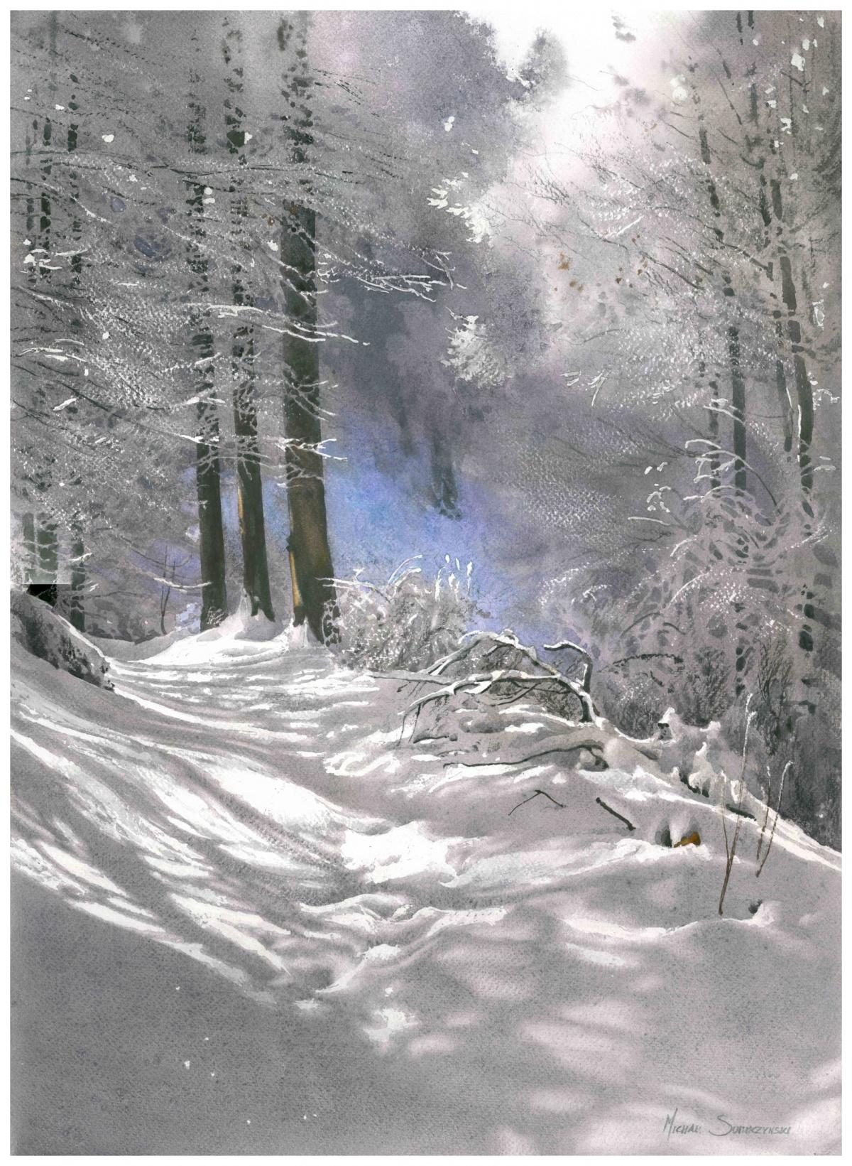 Michal Suffczynski Landscape Art - A Winter Path- Contemporary Watercolour, Winter, Painting, Snow