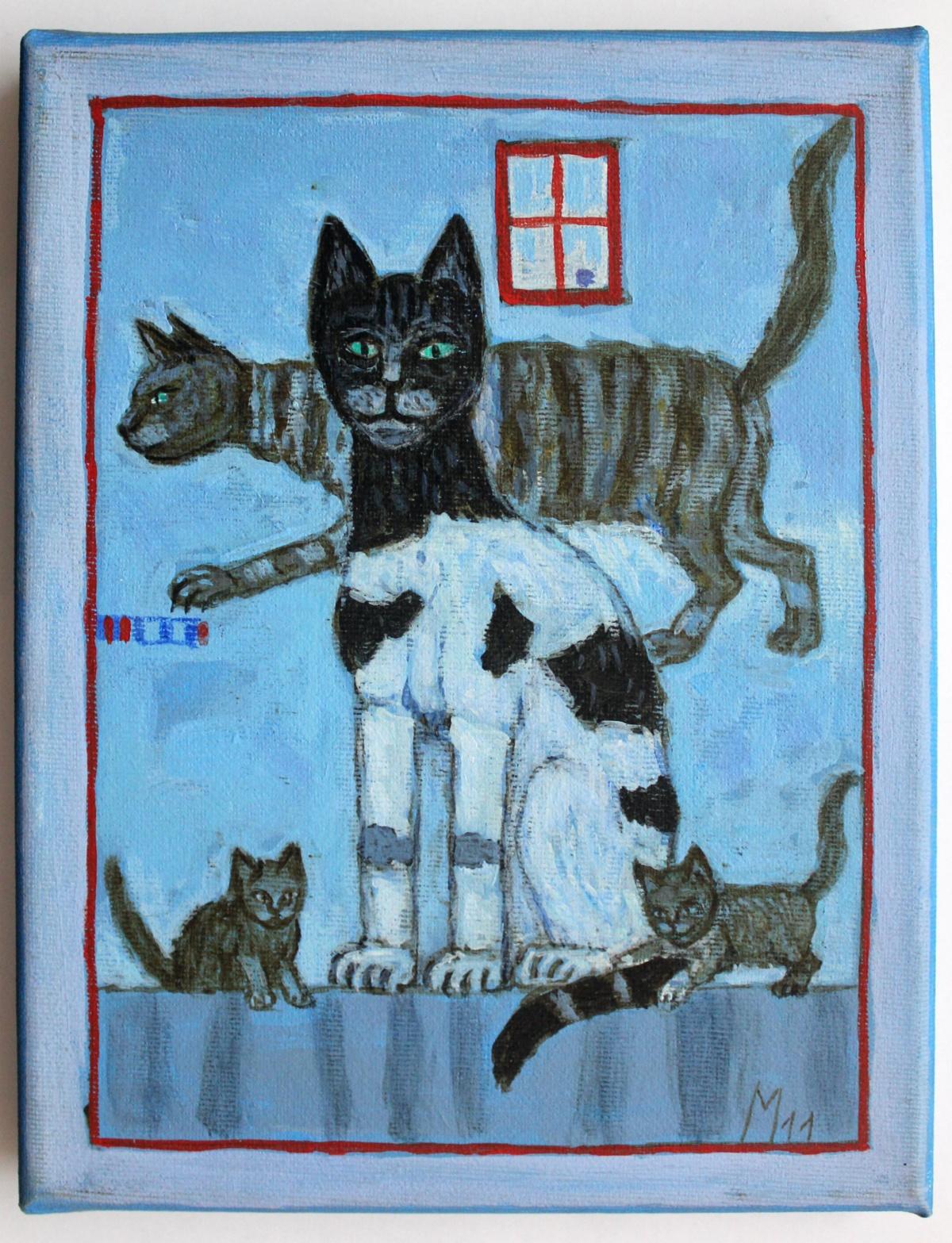 Cats - XXI century, Contemporary Oil Painting, Figurative, Animals - Blue Animal Painting by Mikołaj Malesza