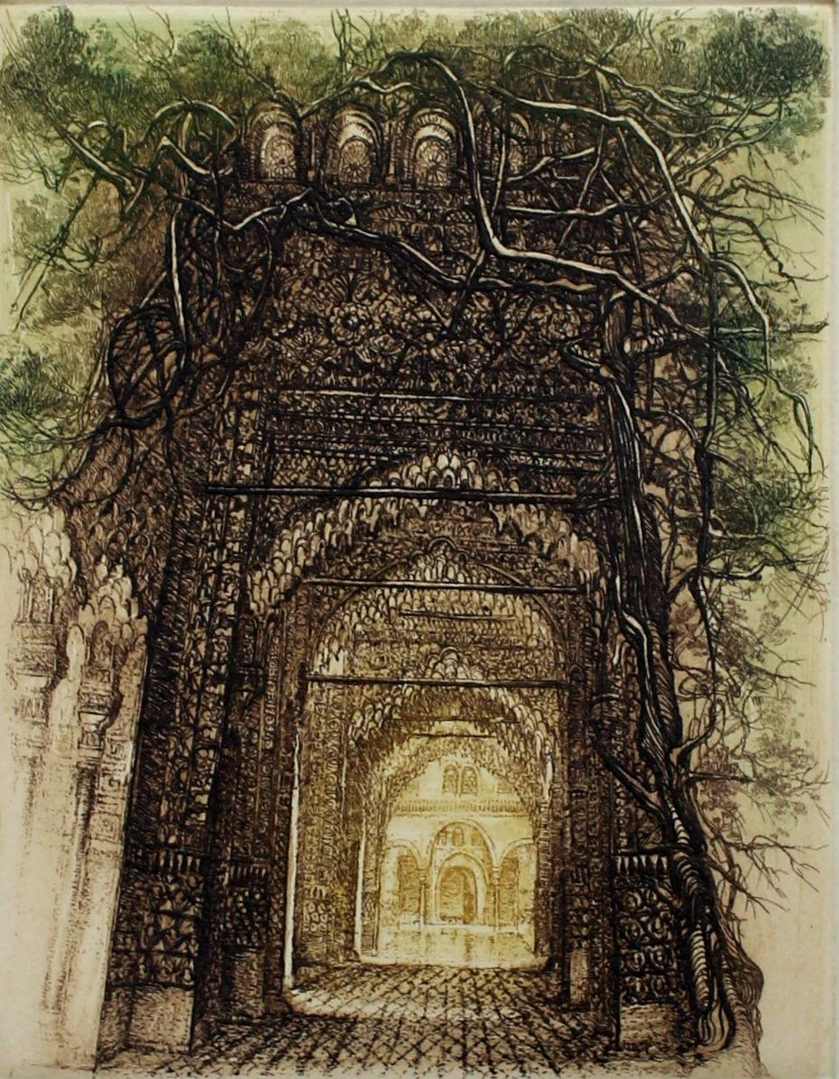 Barbara Rosiak Figurative Print - Small Alhambra - XX Century, Architecture Etching Print, Landscape, Fantasy
